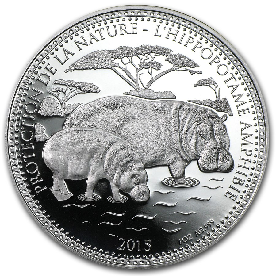 Hippopotamus Silverline 1,000 Francs 2015 1 oz. .999 silver prooflike