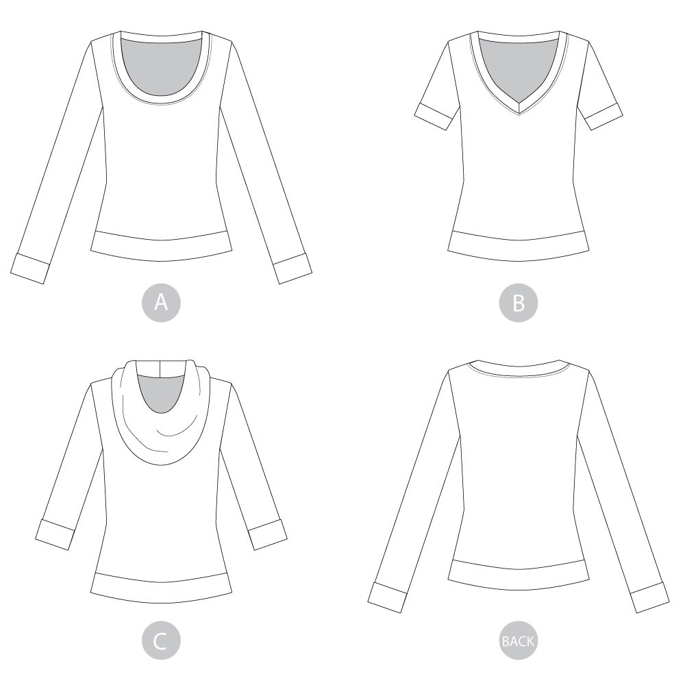 Renfrew Top by Sewaholic Patterns, Line Drawings of View A, B & C