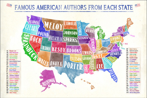 Most Famous American Authors by State Extra Large Watercolor Style Art Print