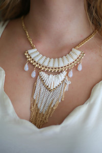 Trendsetter Stone and Fringe Ivory Statement Bib Necklace