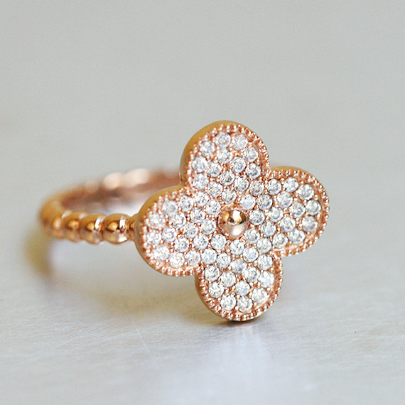 Vintage Size Pave Four Leaf Clover Ring Rose Gold in Sterling Silver