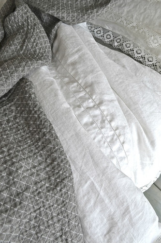 Antique white natural linen quilt cover with lace, Provincial Living