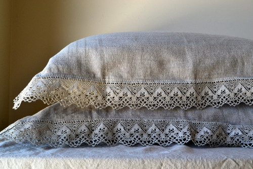 Provincial Living, natural softened linen pillow case with lace, Natural
