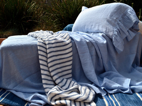 Luxurious stonewashed linen flat sheet, Sky blue