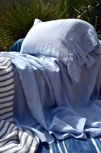 Luxurious stonewashed linen flat sheet, Sky blue
