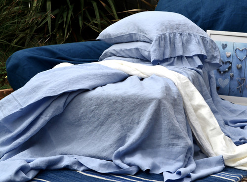 Luxurious stonewashed linen flat sheet, Sky blue