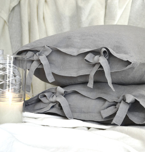 Light grey stonewashed linen pillow case with ties