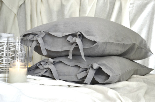Light grey stonewashed linen pillow case with ties