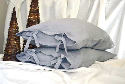 Light grey stonewashed linen pillow case with ties