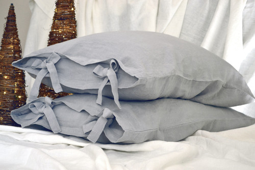 Light grey stonewashed linen pillow case with ties