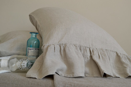 Natural linen pillow case with ruffle