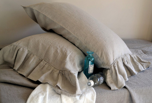 Natural linen pillow case with ruffle