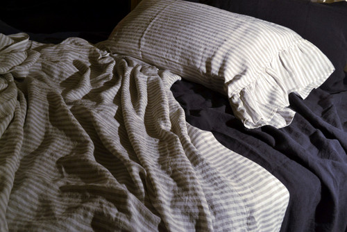 Pinstriped Linen Flat sheet, Queen and King sizes
