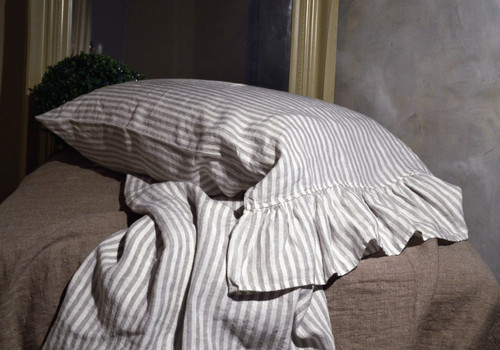 Striped linen pillow case with ruffle