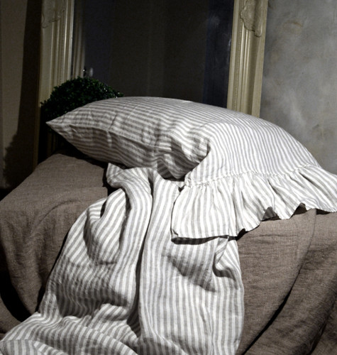 Striped linen pillow case with ruffle