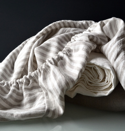 Grey and White Pinstriped linen fitted sheet