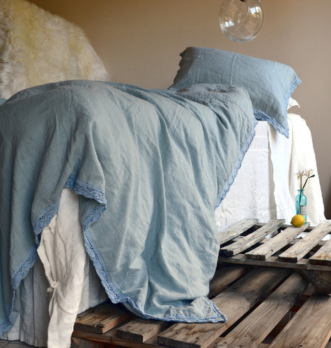 Duck Egg Blue laced linen bedding
