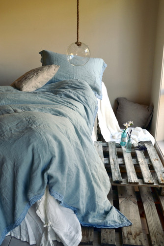 Duck Egg Blue laced linen bedding