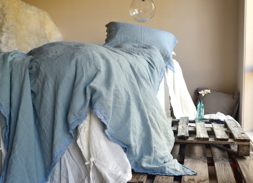 Duck Egg Blue laced linen bedding