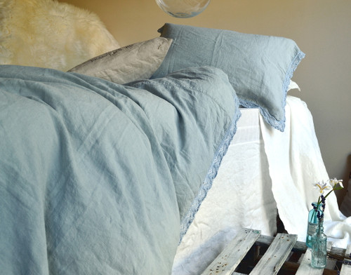 Duck Egg Blue laced linen bedding