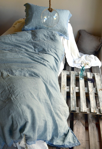 Duck Egg Blue laced linen bedding
