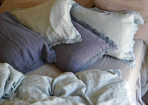 Duck Egg Blue laced linen pillow case