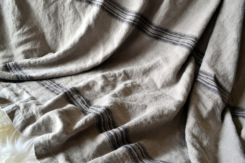 Vintage Grainsack Heavy Linen Coverlet⎮Bed cover, Black stripe