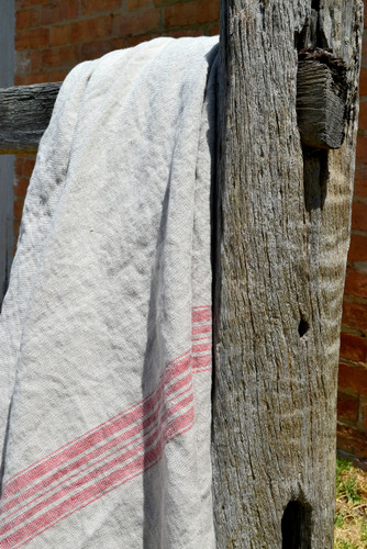 Vintage Grainsack Heavy Linen Coverlet⎮Bed cover, Red stripe
