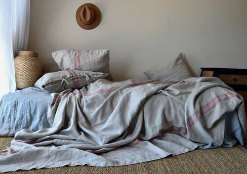 Vintage Grainsack Heavy Linen Coverlet⎮Bed cover, Red stripe