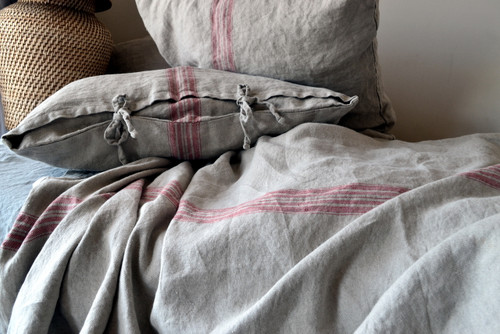 Vintage Grainsack Heavy Linen Coverlet⎮Bed cover, Red stripe