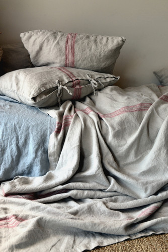 Vintage Grainsack Heavy Linen Coverlet⎮Bed cover, Red stripe
