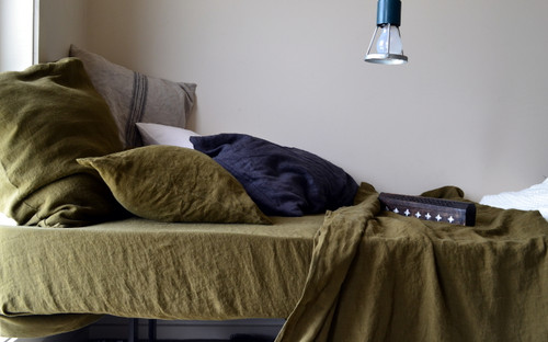 Olive green stonewashed linen fitted sheet
