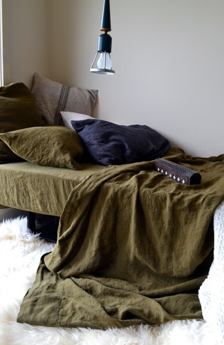 Olive green stonewashed linen fitted sheet