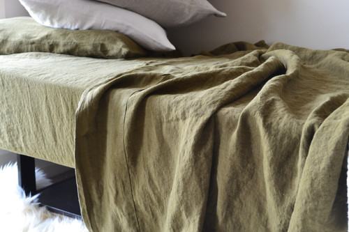 Olive green stonewashed linen fitted sheet