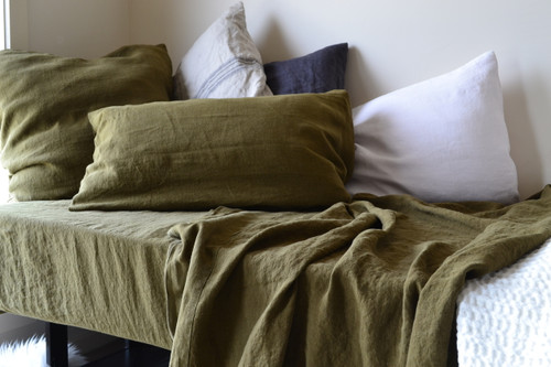 Olive green stonewashed linen fitted sheet