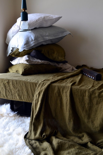 Olive green luxurious linen flat sheet