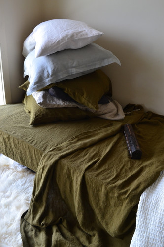 Olive green luxurious linen flat sheet