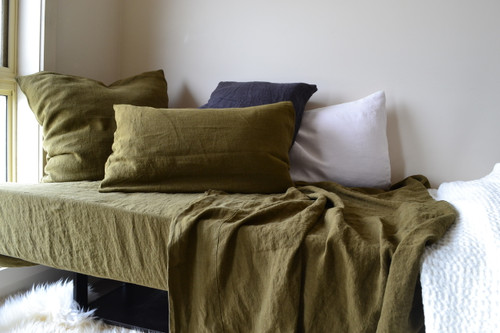 Olive green luxurious linen flat sheet