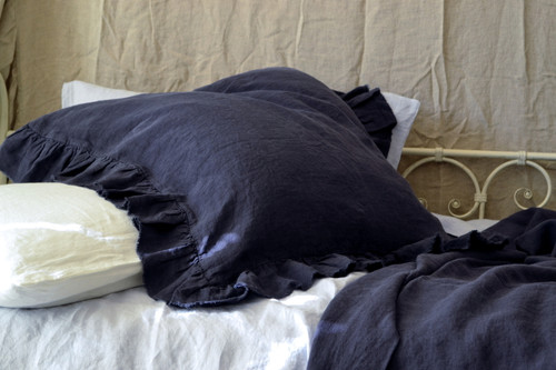 Frayed ruffle linen pillow case in Midnight blue