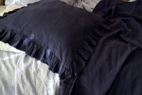 Frayed ruffle linen pillow case in Midnight blue