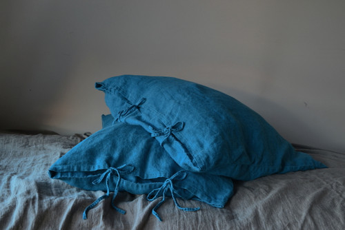 Dark Teal Rustic Heavy weight linen pillow case with ties