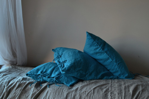 Dark Teal Rustic Heavy weight linen pillow case with ties