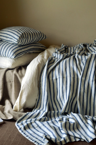 French Vintage Navy Ticking Linen Coverlet/Bed cover