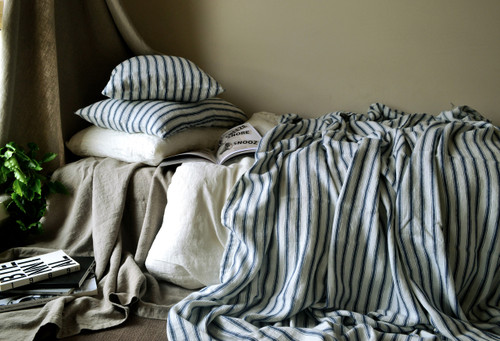 French Vintage Navy Ticking Linen Coverlet/Bed cover