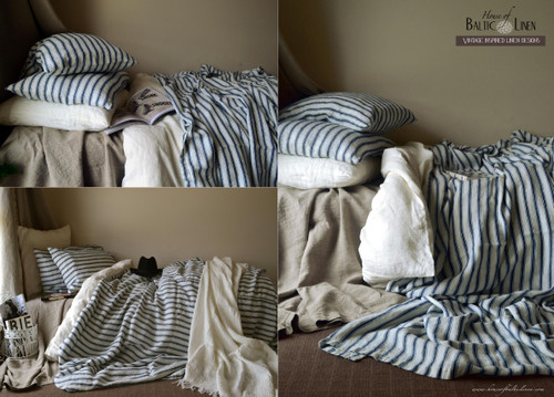 French Vintage Navy Ticking Linen Coverlet/Bed cover