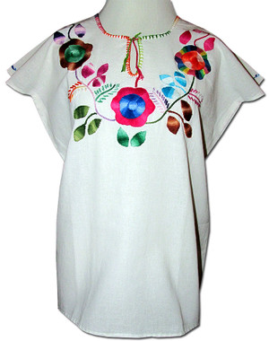 Embroidered Oaxacan Peasant Floral Huipil Blouse M/L