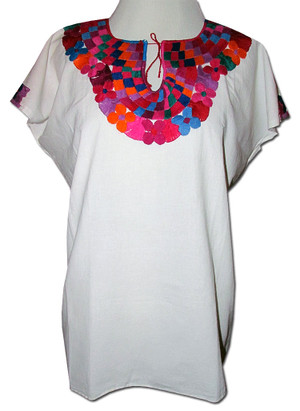 Embroidered Oaxacan Peasant Geometric Huipil Blouse XL