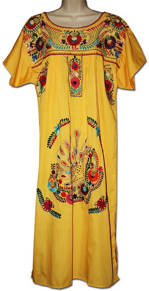 Yellow Mexican Embroidered Puebla Dress XL
