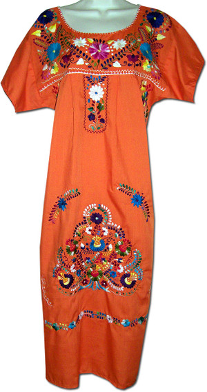 Orange Mexican Embroidered Puebla Dress M