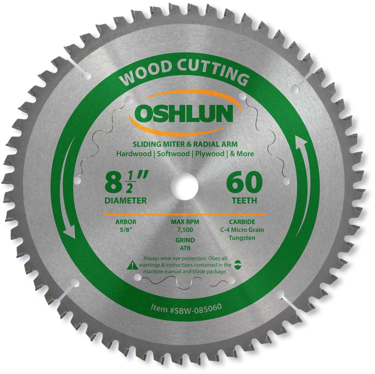 Sliding Miter Saw Blade, 81/2" x 60T x 5/8" Arbor, Oshlun SBW085060